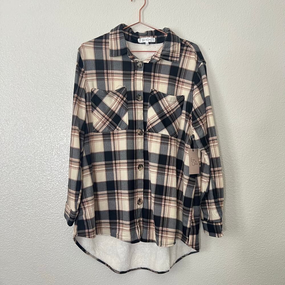 Eden & Olivia sherpa lined plaid flannel shirt long sleeve black brown tan cream